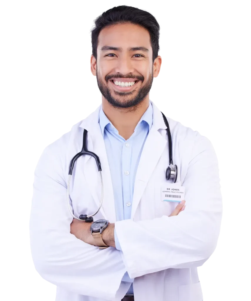 A doctor in a white coat with a stethoscope
