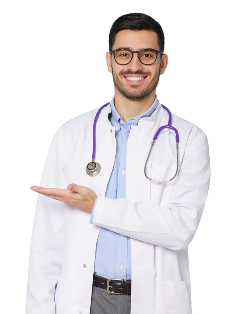 A doctor in a white coat gesturing to the side